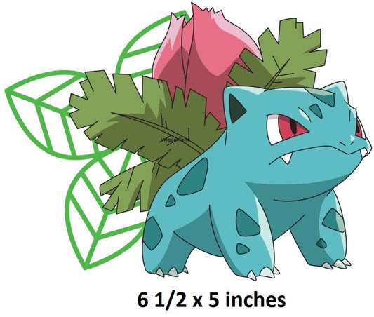 Cartoon character with green leaves and a gemstone, labeled '6 1/2 x 5 inches'.