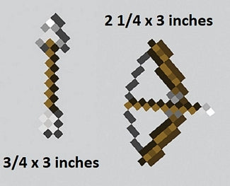 Two pixelated sword designs with dimensions labeled on a gray background