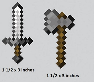 Two pixelated swords with dimensions labeled on a gray background