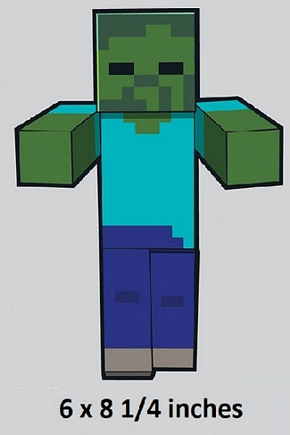 Cartoon character in green and blue outfit with dimensions displayed