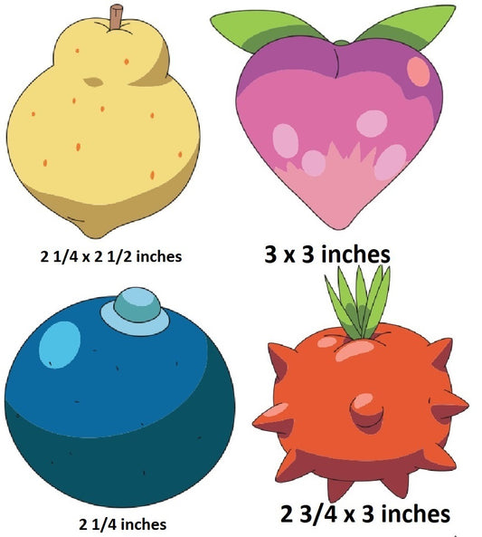 Four cartoon-style fruits with dimensions labeled below each.