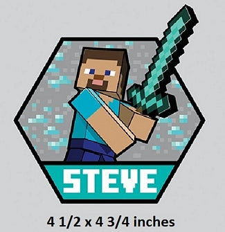 Hexagonal badge with a pixelated character holding a sword, labeled 'Steve', on a gray background.