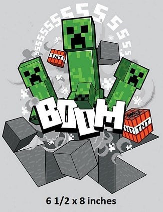 Minecraft-themed poster with green characters and 'BOOM' text on a gray background