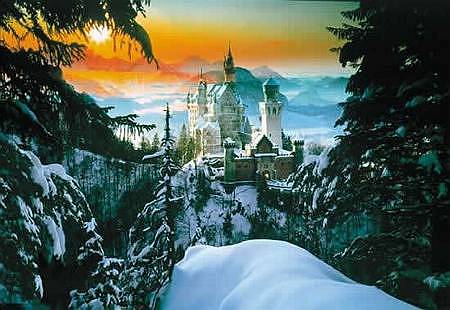 Wall Poster:  Distant Castle with Evergreen Trees & Snow