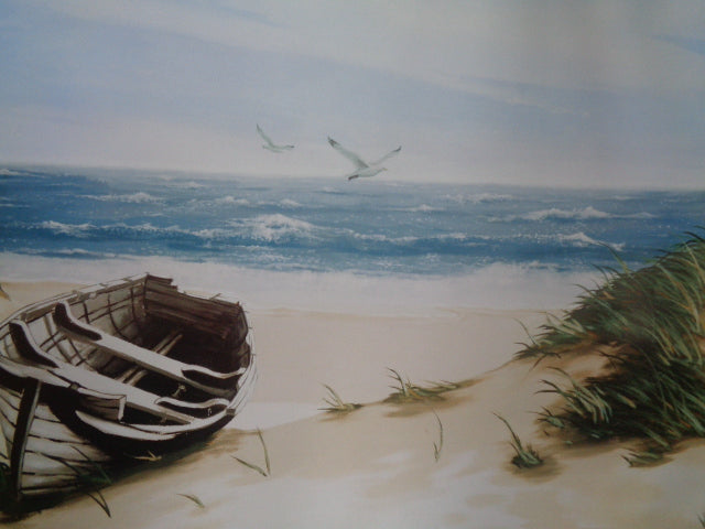 Wall Poster: Painted Scene - Wooden Boat, Sandy Shore & Seagulls