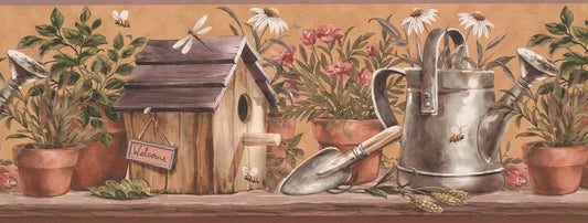 Gardening Wall Border:  Potted Plants, Birdhouse, Watering Can KR2238B